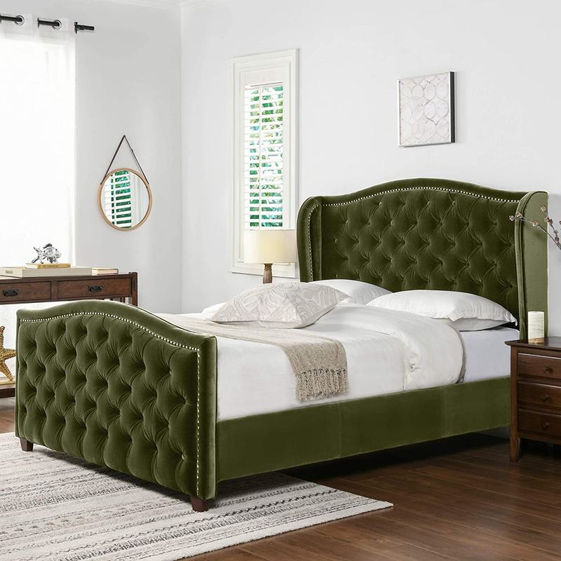 Jennifer Taylor Home Marcella Upholstered Shelter Headboard Bed Set, Queen, Oliv