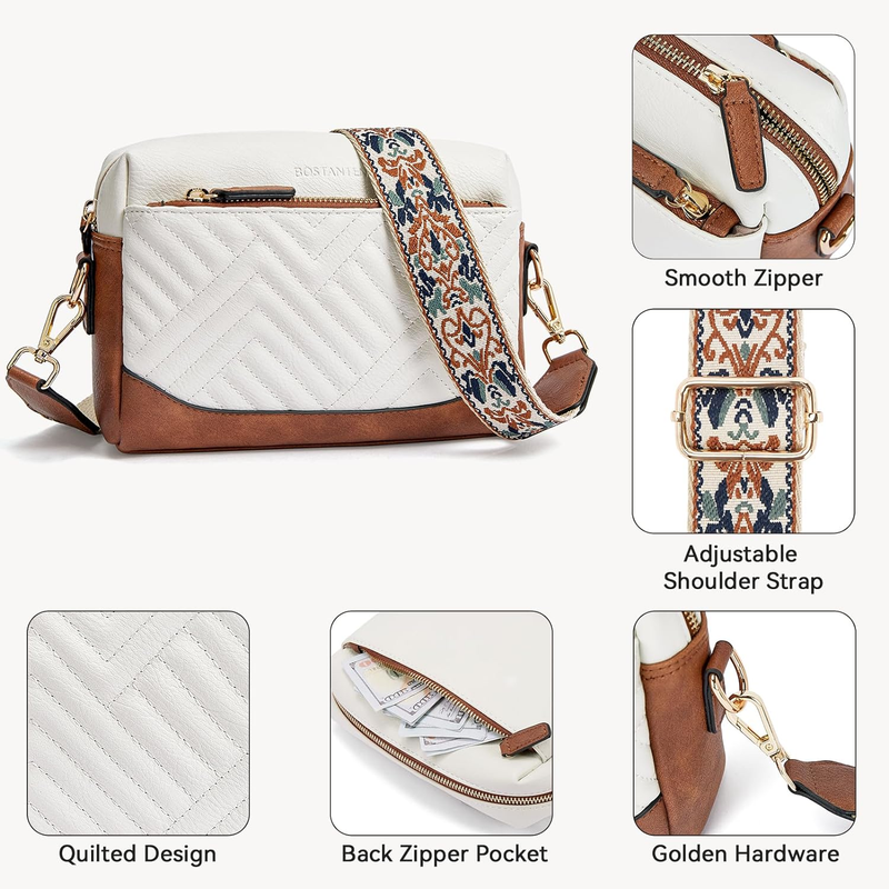 Quilted Crossbody Bags for Women Triple Zip Leather Purses Small Crossbody Shoul