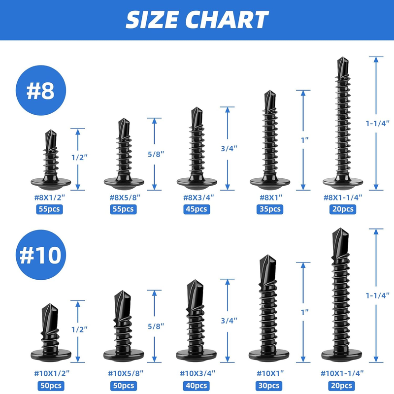 400PCS Self Tapping Screws, 410 Stainless Steel Self Drilling Screws #8#10 Black