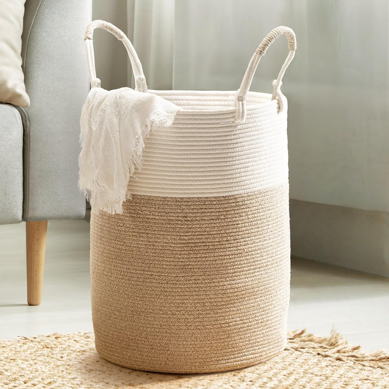 Laundry Basket Hamper – Woven Cotton Rope Nursery Hamper for Clothes, Blankets,