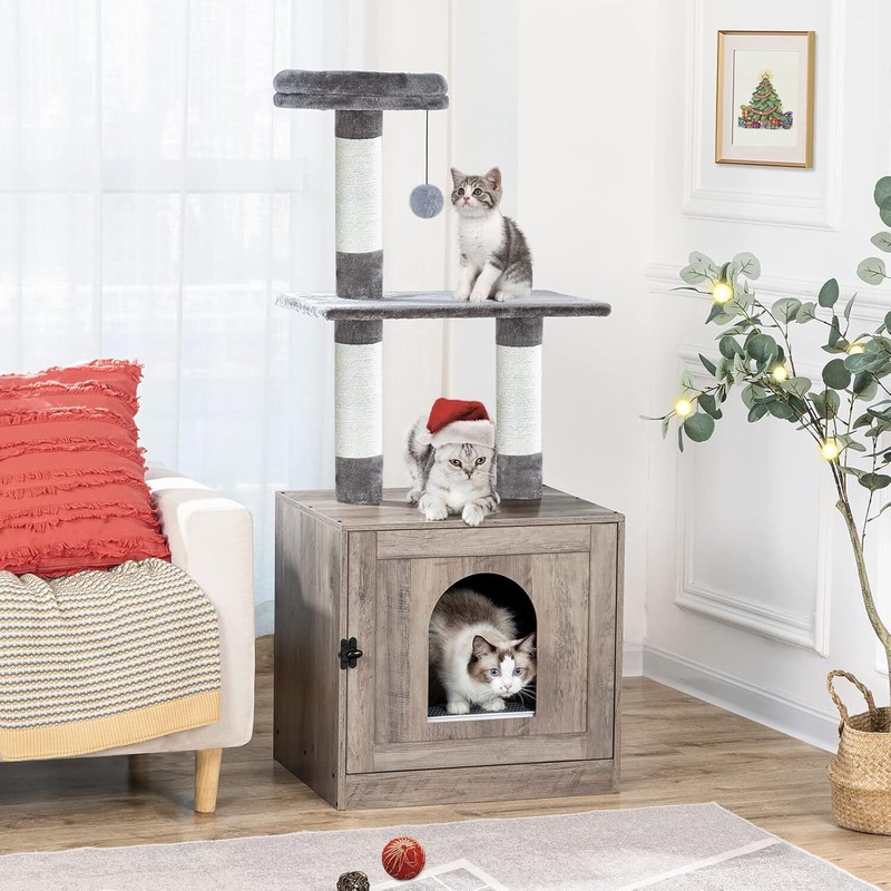 Hoobro Kratzbaum Mit Katzenklo-Schrank 128 Cm Hoch Schrank FÃ¼R Katzentoilette