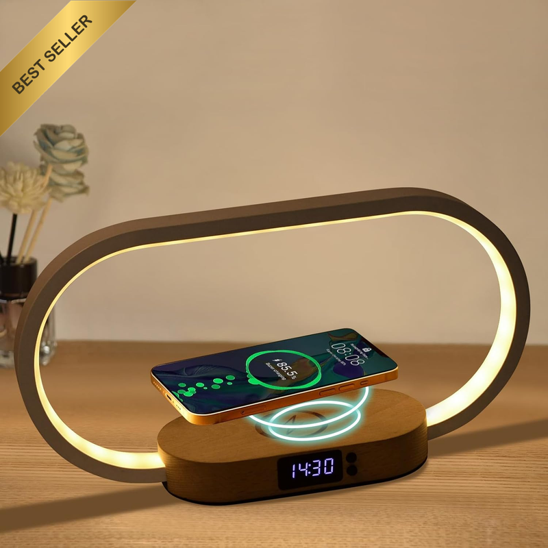 LED Bedside Table Lamp w/ Wireless Charger Clock USB Port 5-Color Dimmable