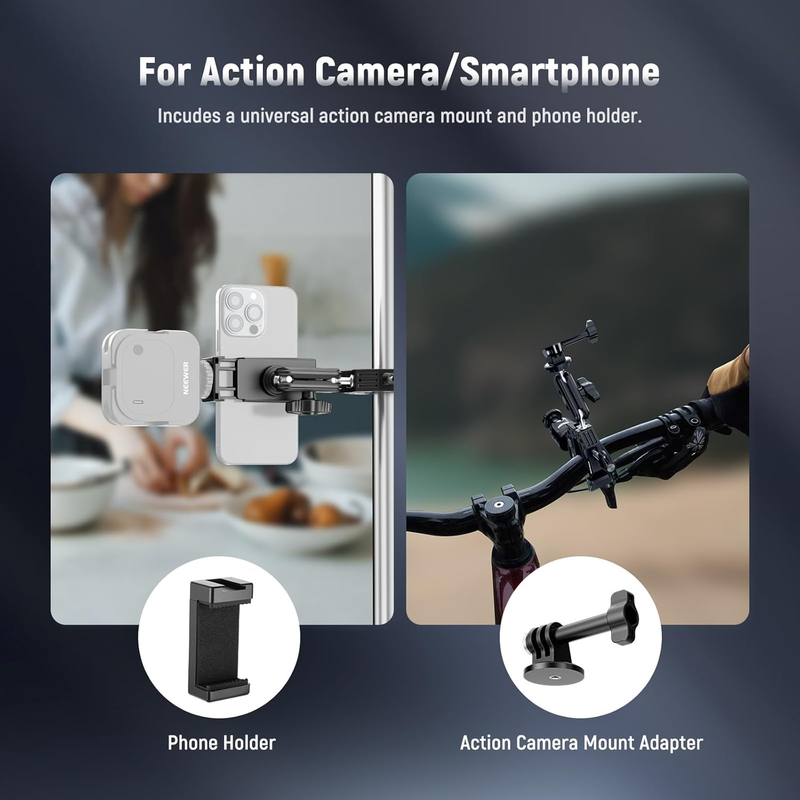 Super Clamp with 3" Dual Ballhead Magic Arm, Ball Head Adapter, Cold Shoe, Phone