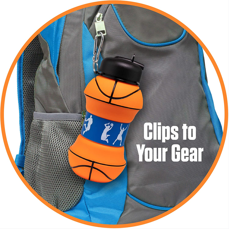 Clip-On Collapsible Bpa-Free Silicone Basketball Water Bottle for Kids, 18 Oz. S