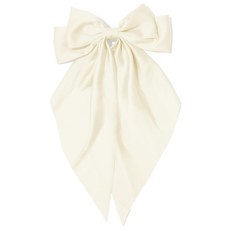 Big Beige Silky Satin Hair Bows with Long Tail Ribbon Barrettes for Women and Gi