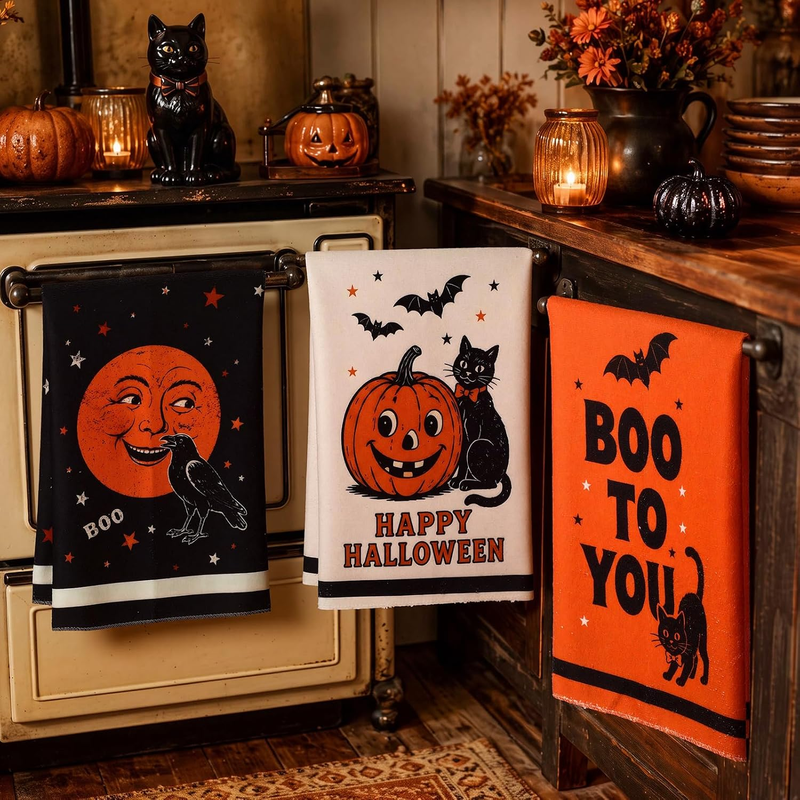 Tudomro 3 Pack Vintage Halloween Kitchen Towels, 18X28Inch, Cotton