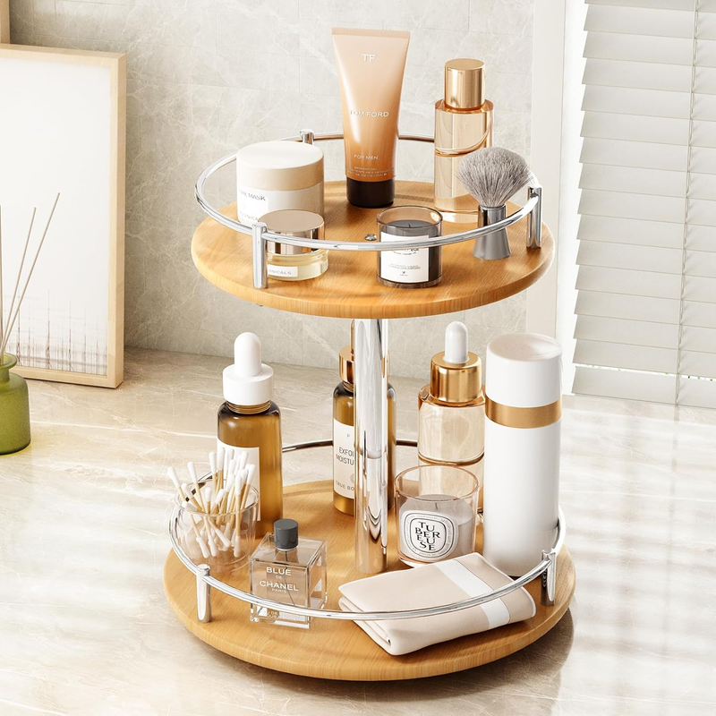 Makeup Perfume Spinning Organizer - Skincare Wood Bathroom Vanity Display 2 Tier
