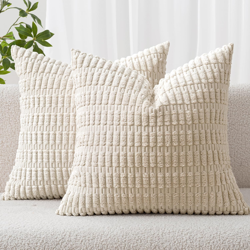 Pack of 2 Corduroy Decorative Throw Pillow Covers 18X18 Inch Soft Boho Striped P