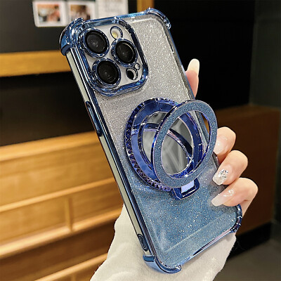 For iPhone 15 14 13 12 11 Pro Max Glitter Magnetic Mirror Ring Stand Case Cover