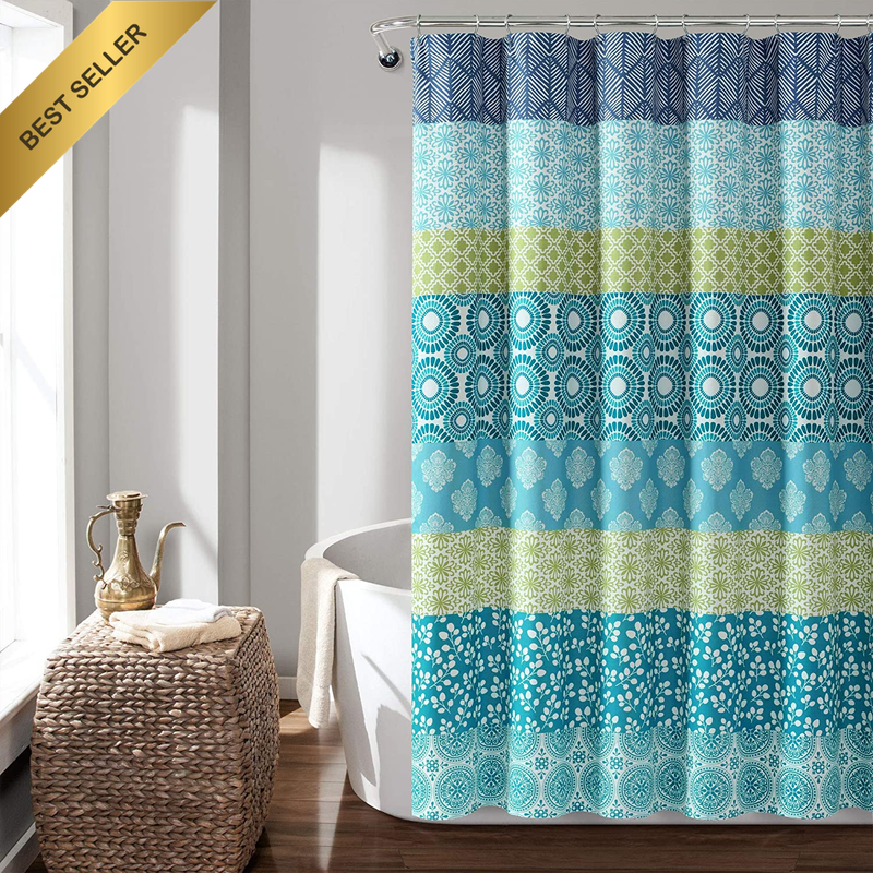 Bohemian Stripe Shower Curtain Blue & Green Boho Decor Fabric 72x72 Bathroom