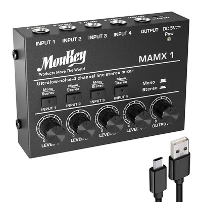 MOUKEY Audio Mixer 4 Channel USB DC 5V Ultra Low Noise Submixing Light mixer Sma