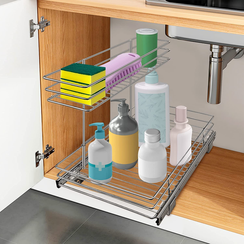 Pull Out Cabinet Organizer under Sink Slide Out Storage Shelf with 2 Tier Drawer