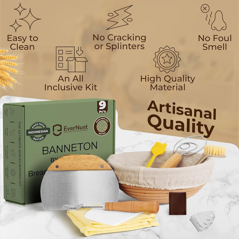 Sourdough Bread Starter Kit - Round 9 Inch Banneton Proofing Basket Set with Clo