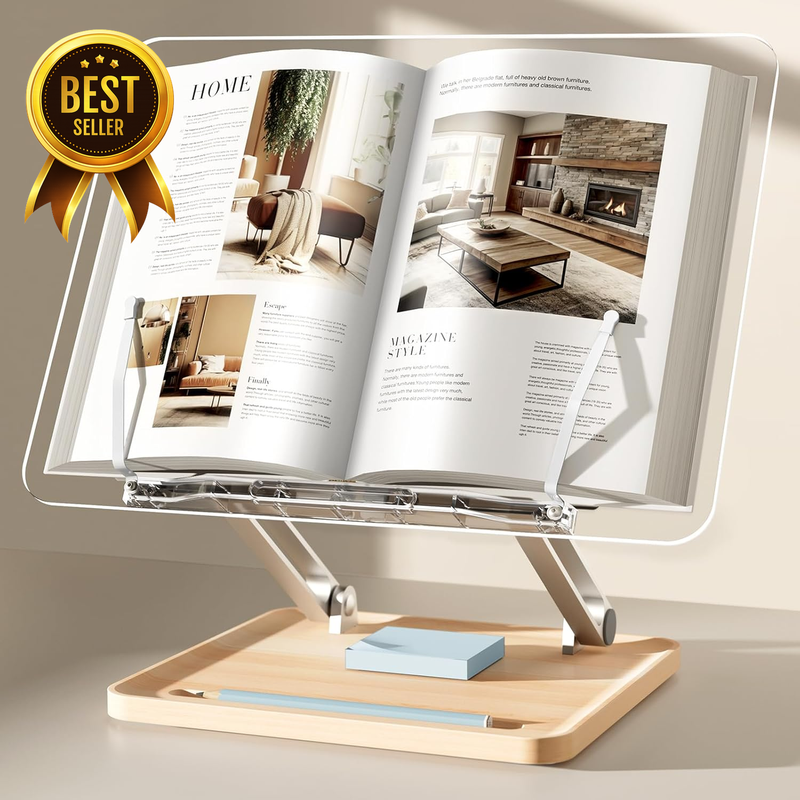 Acrylic Book Stand with Storage Base, Dual Aluminum Arm Reading Holder
