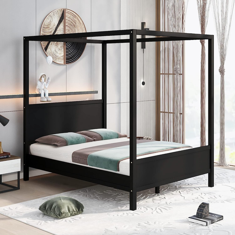 Queen Canopy Bed Frame, with Headboard and Footboard, Wooden Slat Support Leg, f