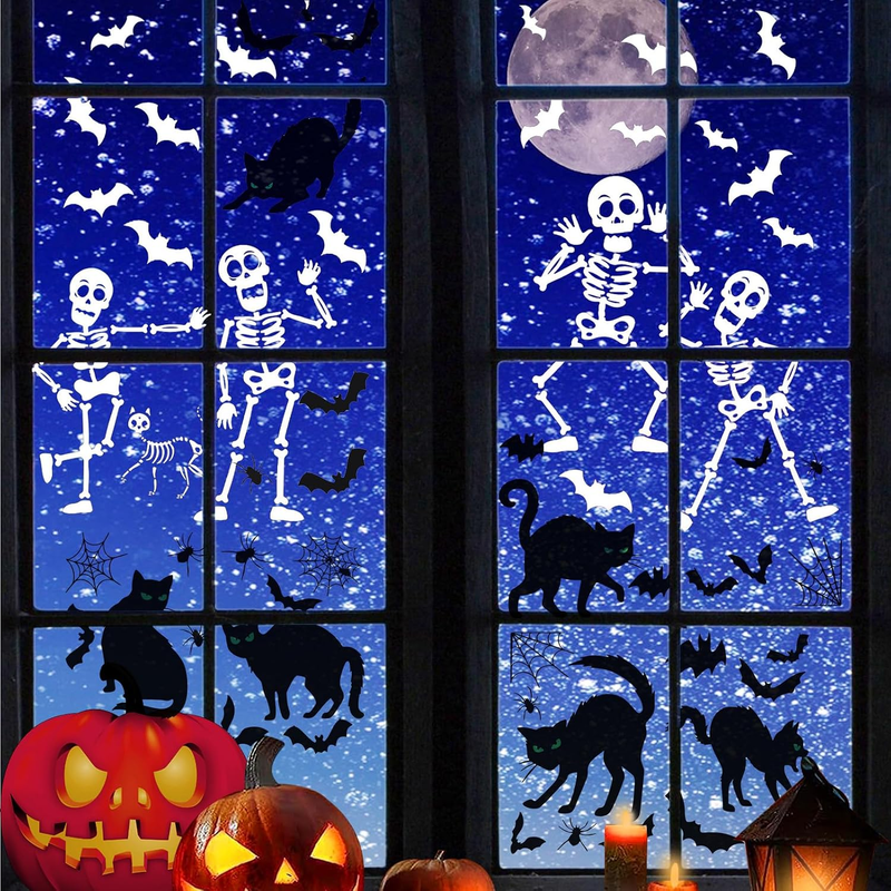 Halloween Window Stickers - 10 Sheets of Bats, Spiders, and Skeletons