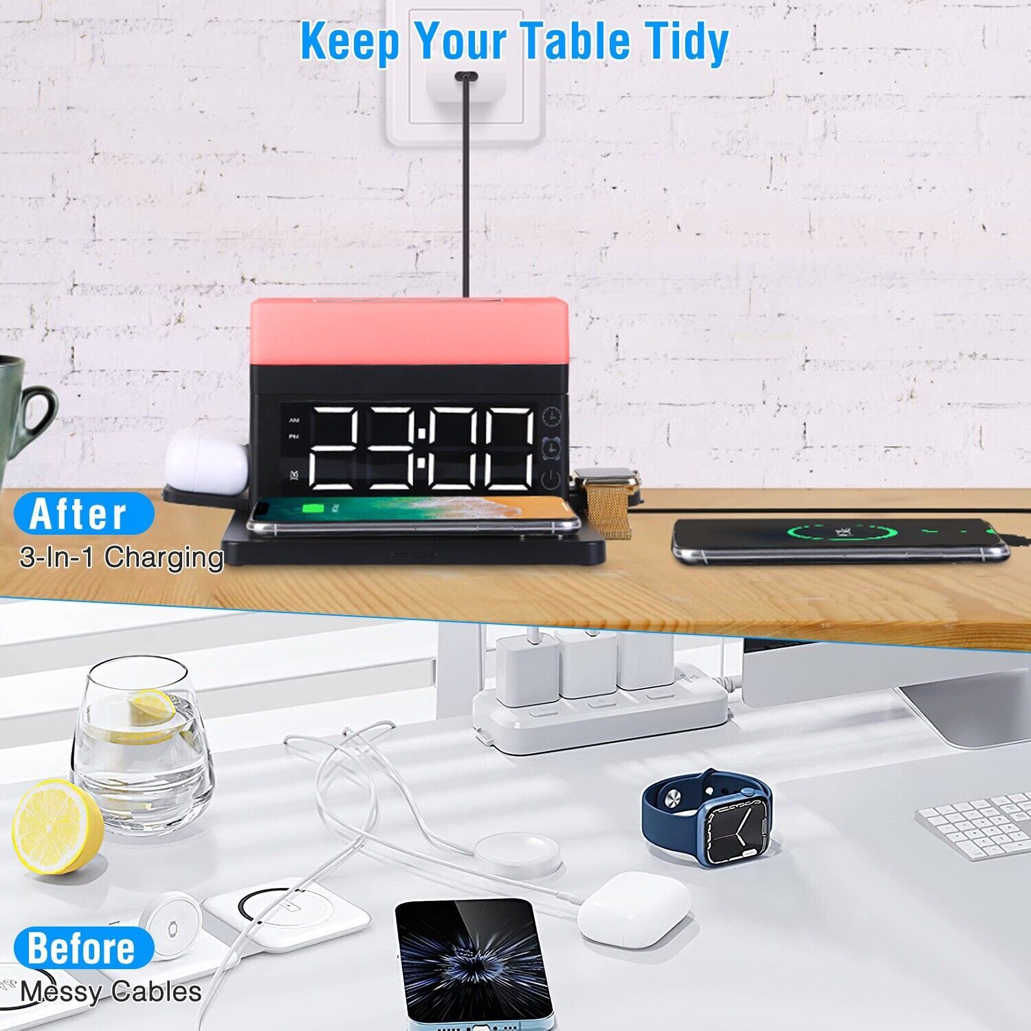 3-In-1 15W Fast Wireless Charging Station Dock 7-Color Flashing Alarm Clock Lamp
