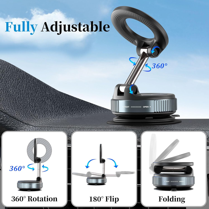 Vacuum Magnetic Car Phone Holder - Suction Cup Phone Mount 360° Rotatable Foldab