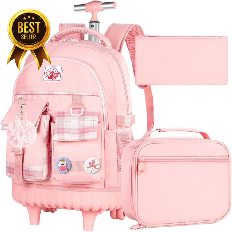 3-Piece Pink Rolling Backpack and Lunch Box Set for Girls and Women
