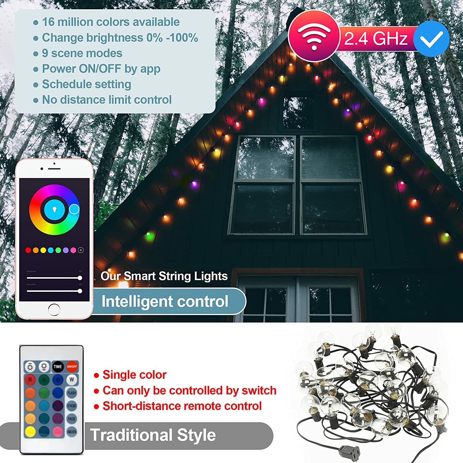 iMagic Outdoor String Lights Multi Color 49 Ft LED Smart RGB Patio Lights Flash