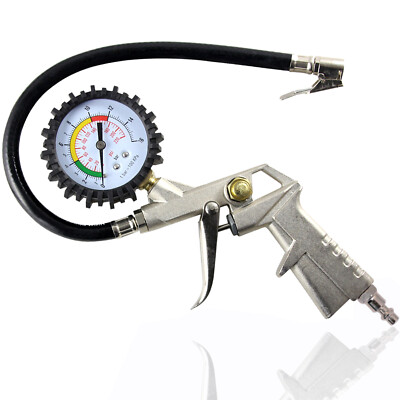 Dial Tire Inflator Gauge Flexible Hose 220 PSI Pistol Style Air Chuck Pneumatic