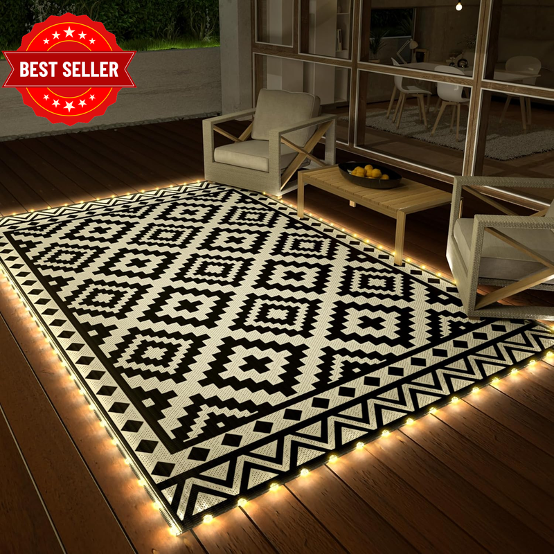 Outdoor Rug with LED Strip Light, 150 X 245 Cm Waterproof Patio Mat