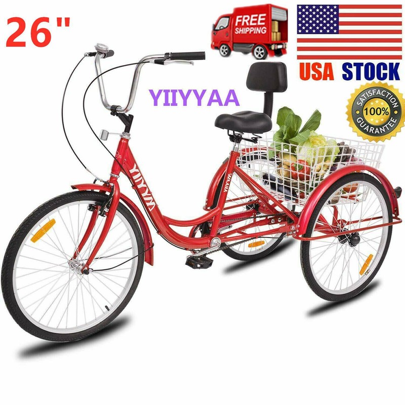 26"Adult 3-Wheel Tricycle Trike Cruise Bike Bicycle W/Basket Red US