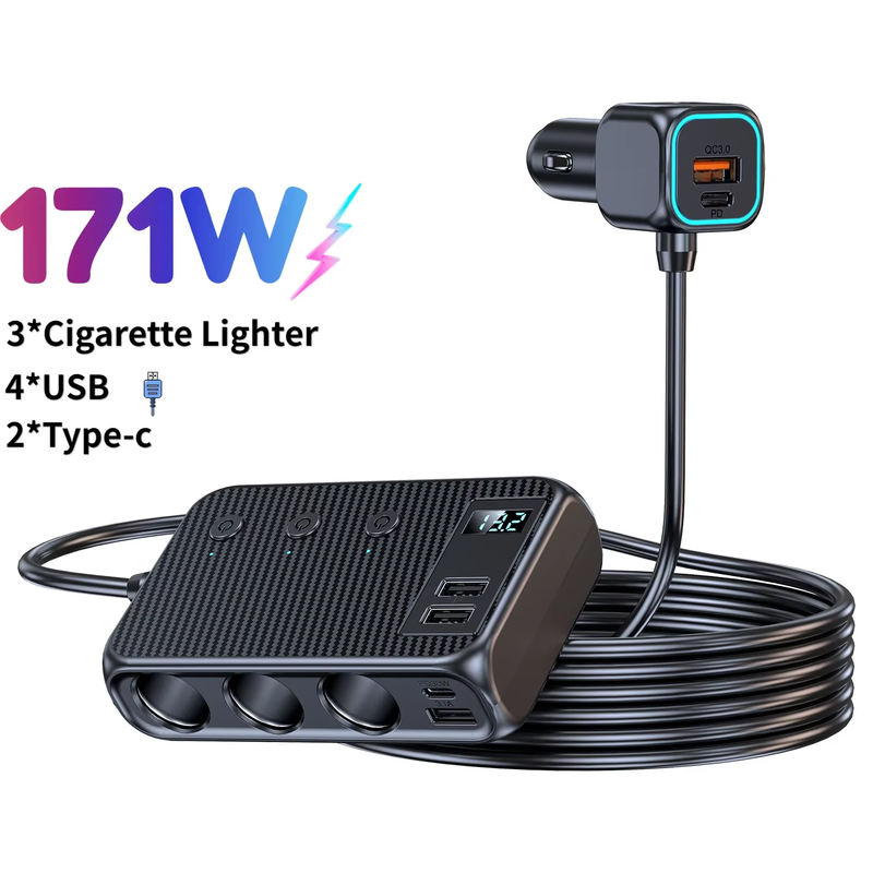 171W Car Charger Adapter 9 in 1 Cigarette Lighter Splitter PD30W/QC 3.0 Independ