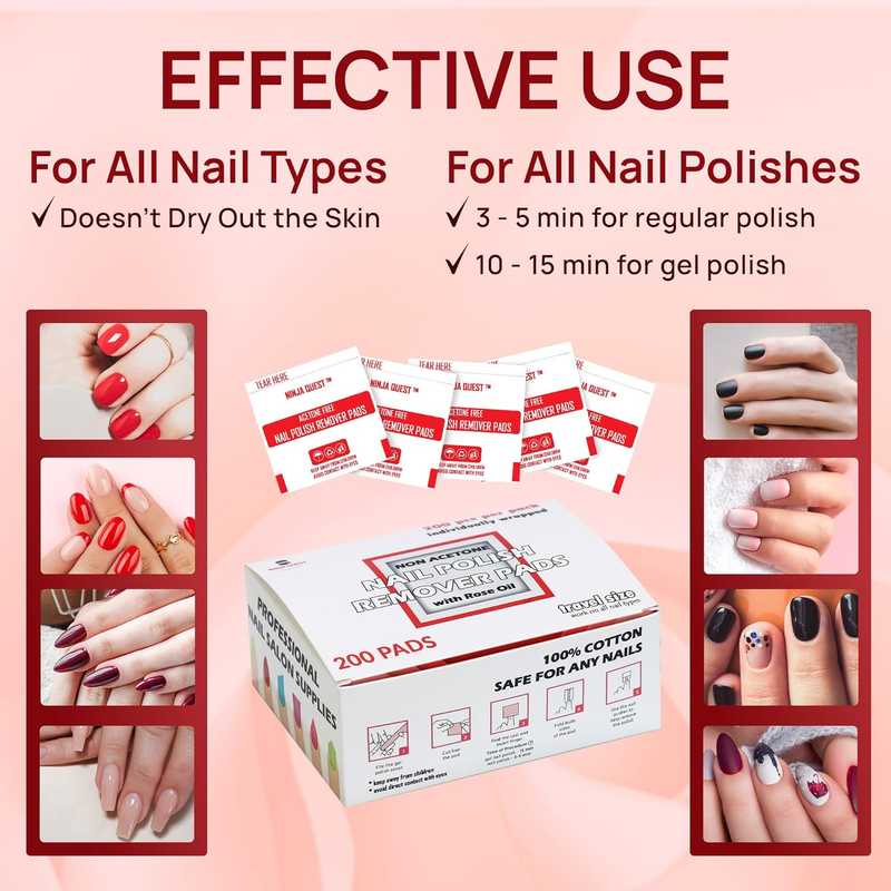 Nail Polish Remover Pads 100% Non Acetone - 200 Pack of Individually Wrapped Bul
