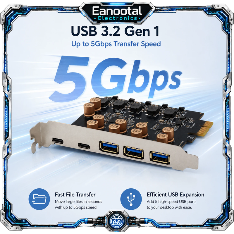 PCIe x1 USB 3.0 Expansion Card with 3 USB-A and 2 USB-C Ports for Desktop Comput