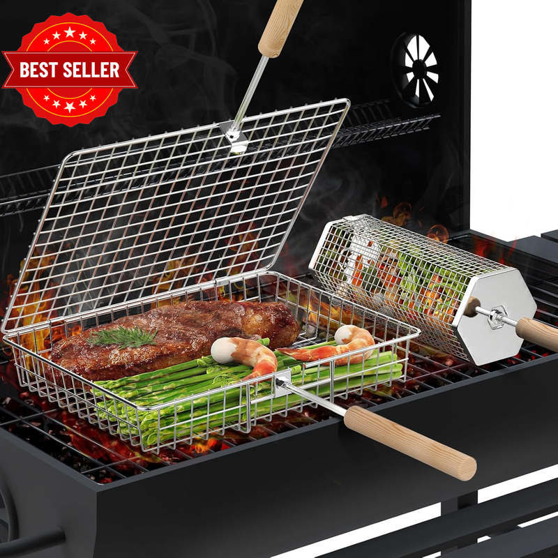Grill Basket Set, Removable Wooden Handle, 304 Stainless Steel,Bbq Rolling Grill