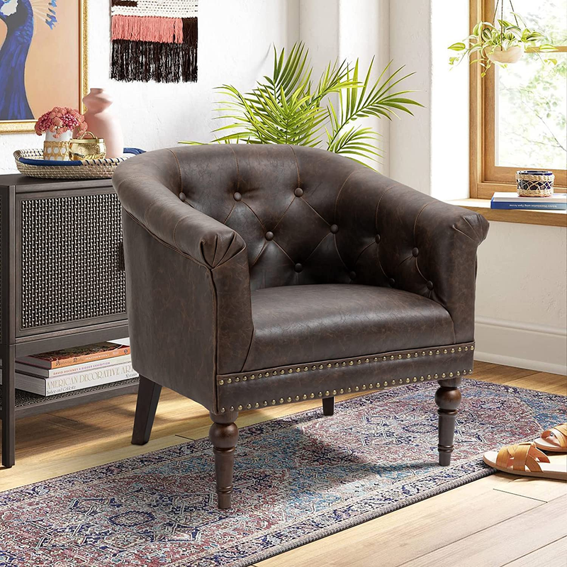 Barrel Accent Chair, PU Leather Barrel Chair 2 Sets with Wooden Legs Upholstered