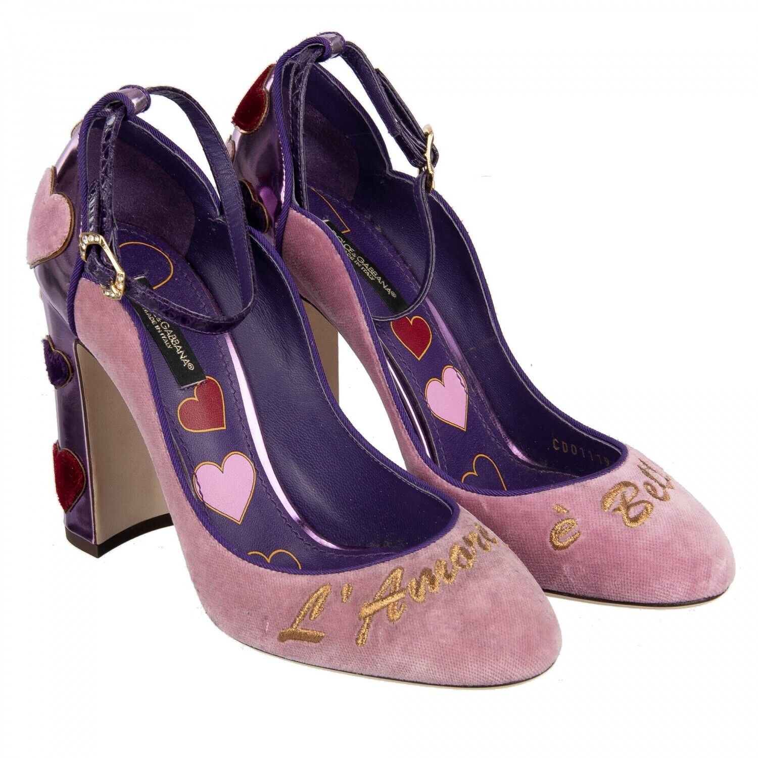 Pre-owned Dolce & Gabbana Velvet Ankle Strap Hearts Pumps Vally L'amore Purple Pink 09032