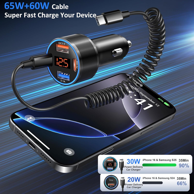 USB C Car Charger,  4-Port 65W Super Fast Car Phone Charger Dual 12V USB-C & USB