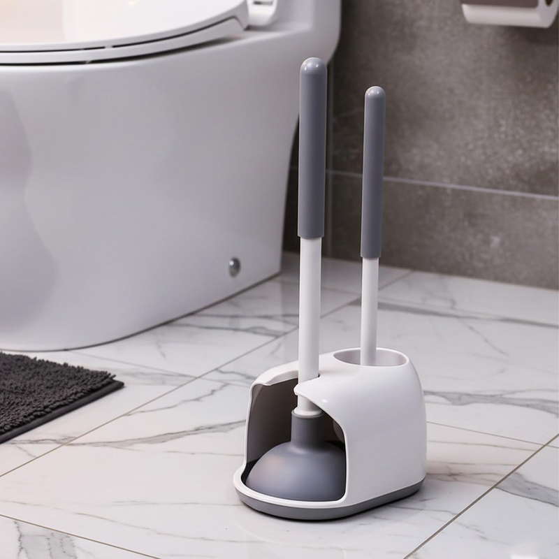 2-In-1 Toilet Brush and Plunger Set, Space-Saving Bathroom Cleaning Combo with H