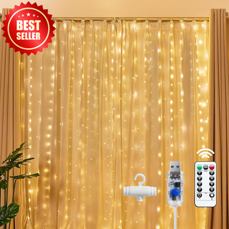 300 LED Fairy Curtain Lights 9.8Ft x 9.8Ft Warm White USB 8 Modes Remote US