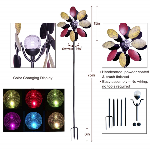Sports Wind Sculptures & Spinners Outdoors Solar Tricolor 75in New