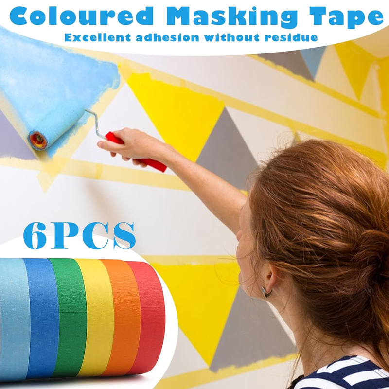 6 Rolls Colored Masking Tape, Colorful Craft Tape for Vibrant Rainbow Color Teac