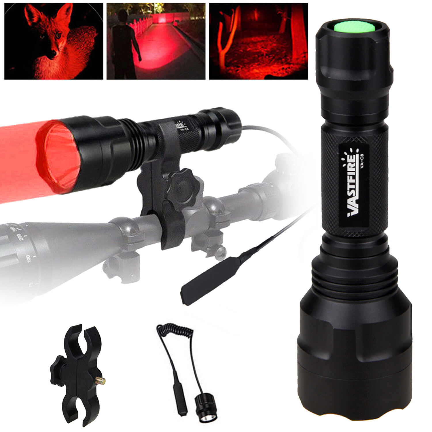 Hunting Red Light LED Flashlight Night Torch 800 Yards Scope 20mm Rail Mount US