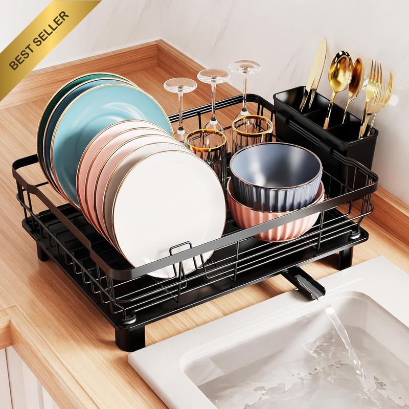 Dish Drying Rack with Drainboard - Dish Racks for Kitchen Counter with 12 Plate