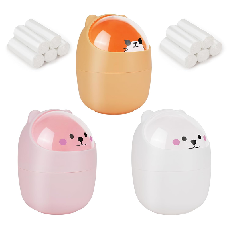 3PCS Mini Trash Can with 200 Trash Bags, Cute Cartoon Animal Tiny Wastebasket Can with Swing Lid Tabletop Dustbin for Home Office Kitchen Bedroom Dressing Table Bureau