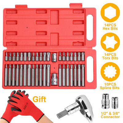 40x 3/8'' 1/2'' Torx Star Spline Chrome Hex Socket Power Bit Drive+Gloves Kit Sets