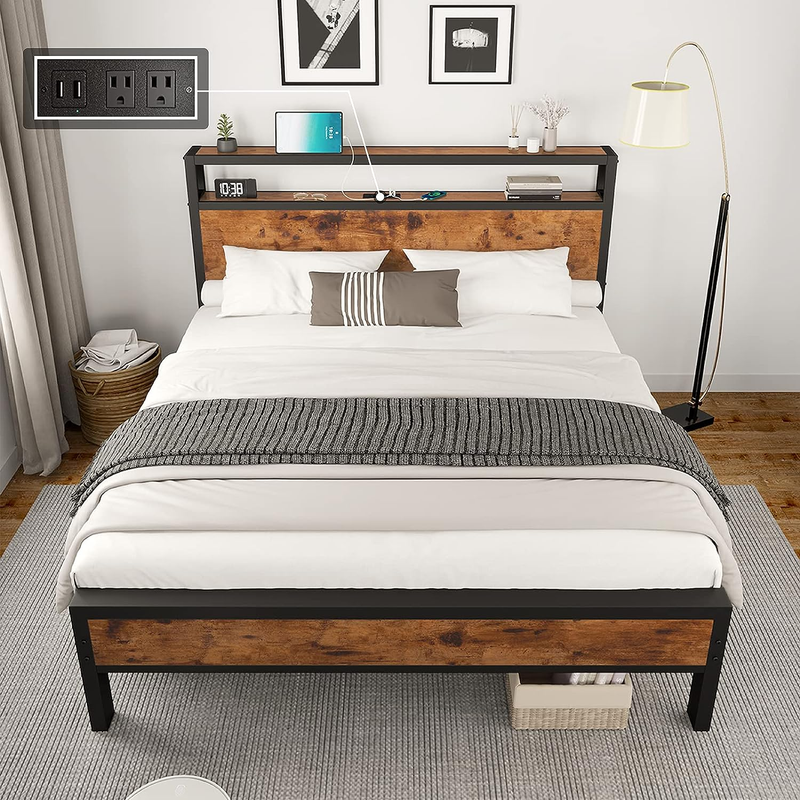 Full Size Bed Frame, Industrial Platform Bed with Charging Station, 2-Tier Stora