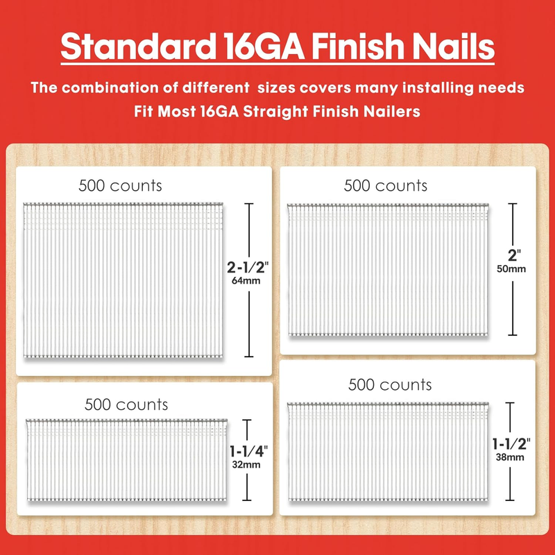 16 Gauge Finish Nails, 2000-Count (1-1/4, 1-1/2, 2, 2-1/2 Inch) 16GA Galvanized