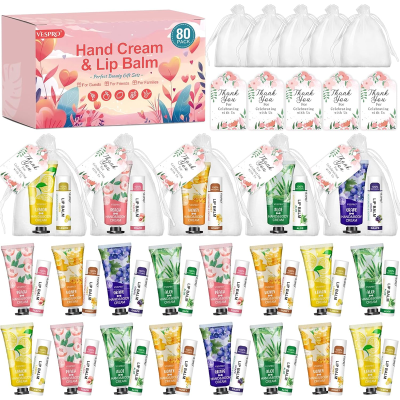 80 Pack Bulk Hand Cream and Lip Balm Sets Gifts, Easter Basket Stuffers, Party Favors, Wedding Favors for Guests with Thank You Card and Organza Bags, Mothers Day Gifts and Teacher Gift