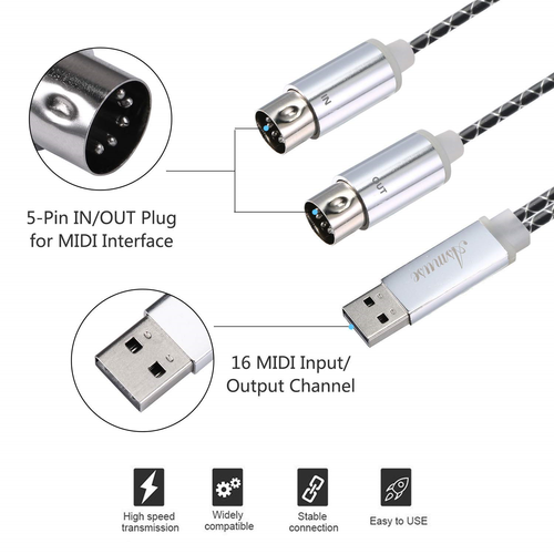 USB to MIDI Cable IN-OUT Converter MIDI Interface with Indicator Light and FTP 5