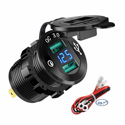 Aluminum Dual USB Port Car Cigarette Lighter Socket Plug LED Voltmeter 12V-24V