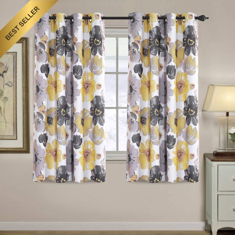 Blackout Curtains Floral Printed Eyelet Light Block Yellow Grey 1 Pair
