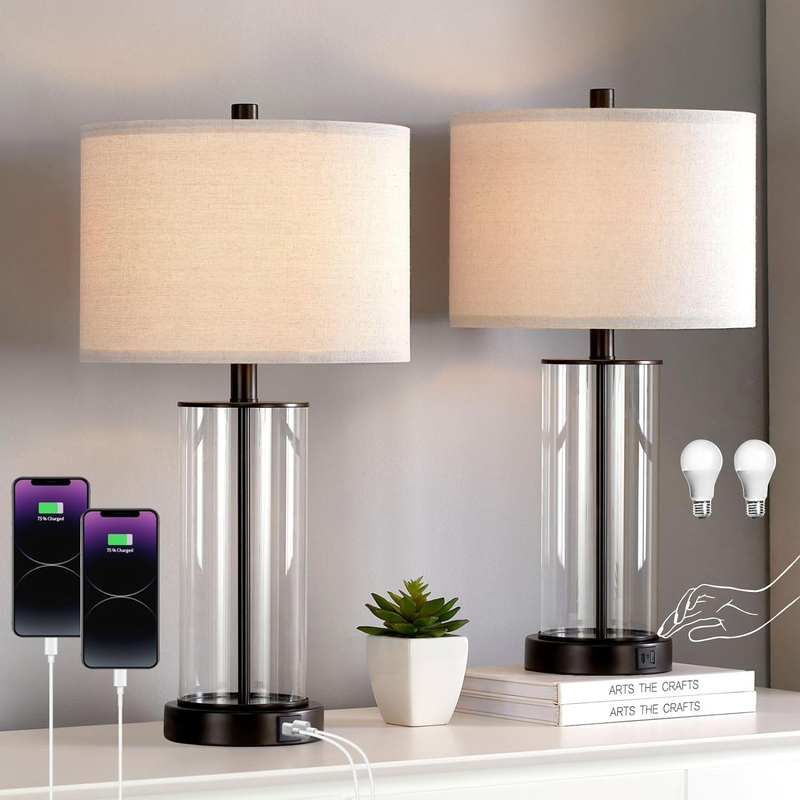 Kawotl Clear Glass Table Lamp Set of 2 Touch Control Bedroom Lamps with USB Port