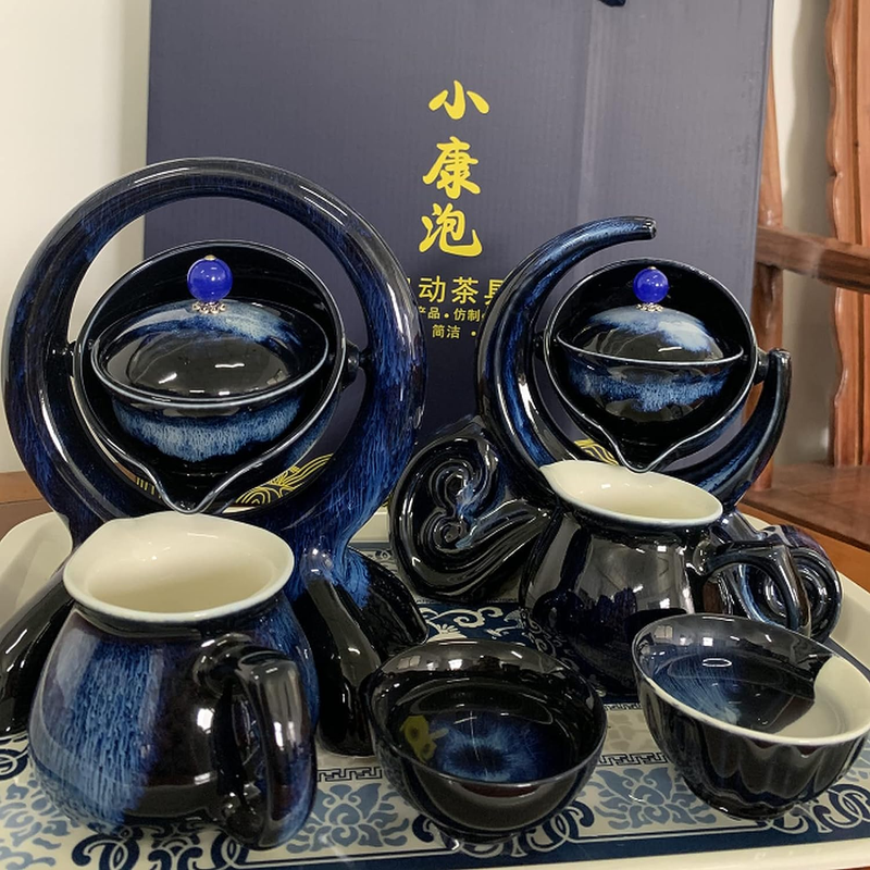 High Quality Chinese Tea Set Gift Box, Rotating Kung Fu Sapphire Blue
